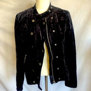 Free People: black velvet moto jacket: zips at pocket, cuffs, pewter snaps